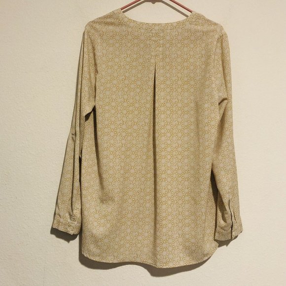 Bass Yellow Print Blouse Adjustable Long Sleeves Notched V Neck  Large 70s Style - Picture 4 of 16